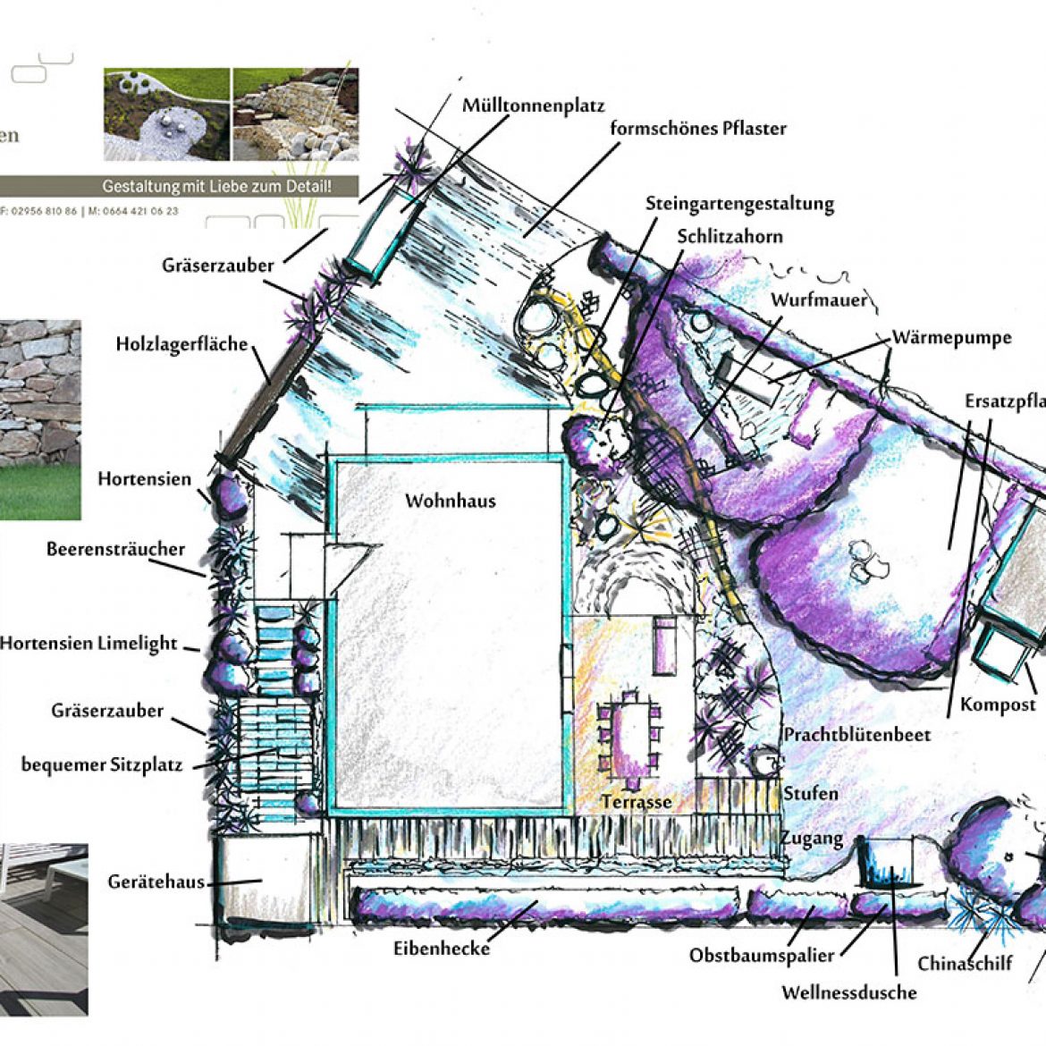 Gartenplanung-Skizze für ein modernes Wohnhaus